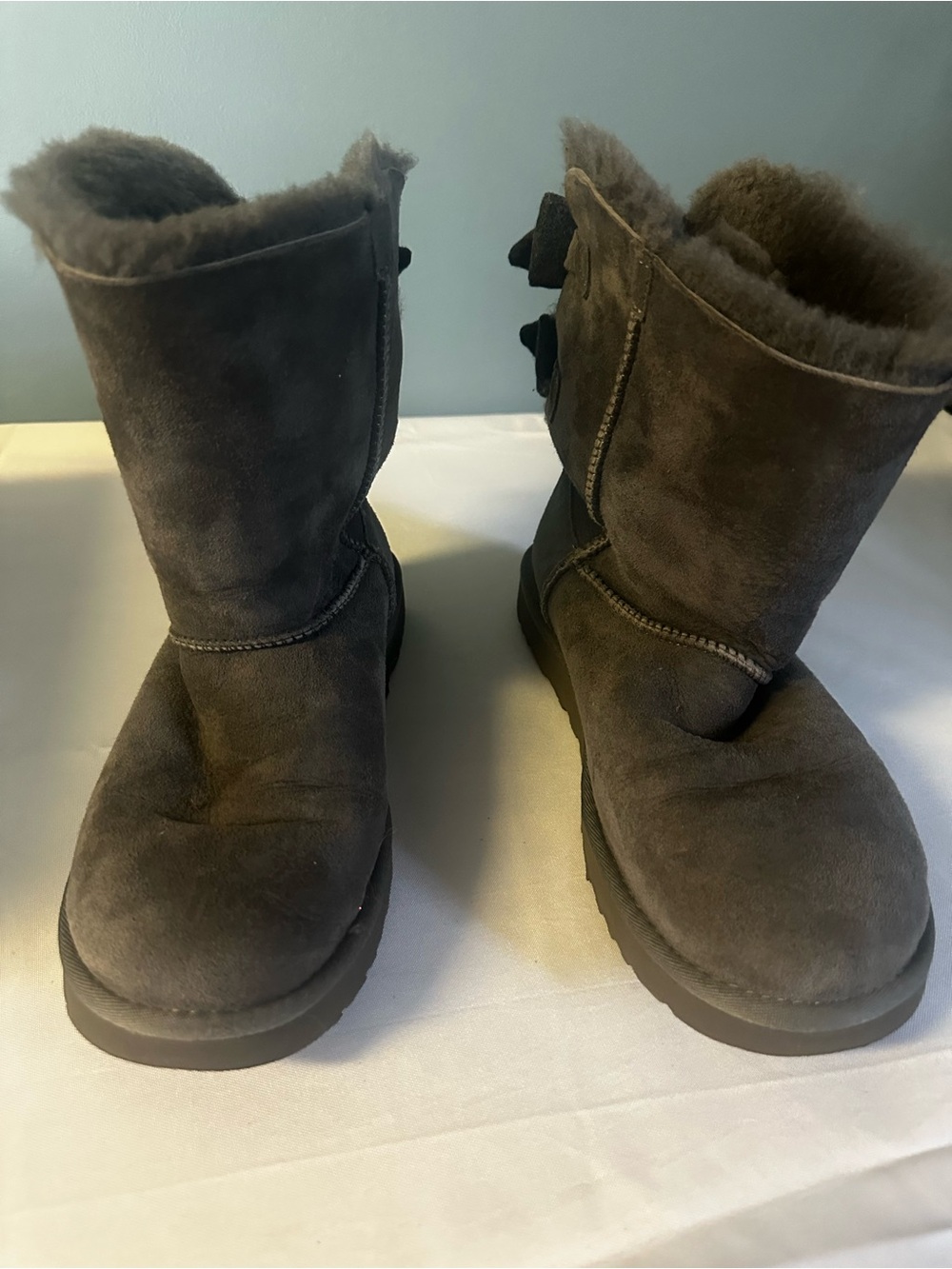 UGG Grey Suede Short Shearling Booties with Back Bow